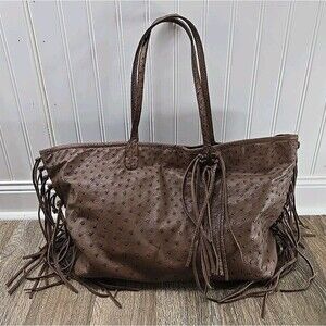Rhonda Ochs Brown Ostrich Leather Shoulder Bag Fringe Details Tote